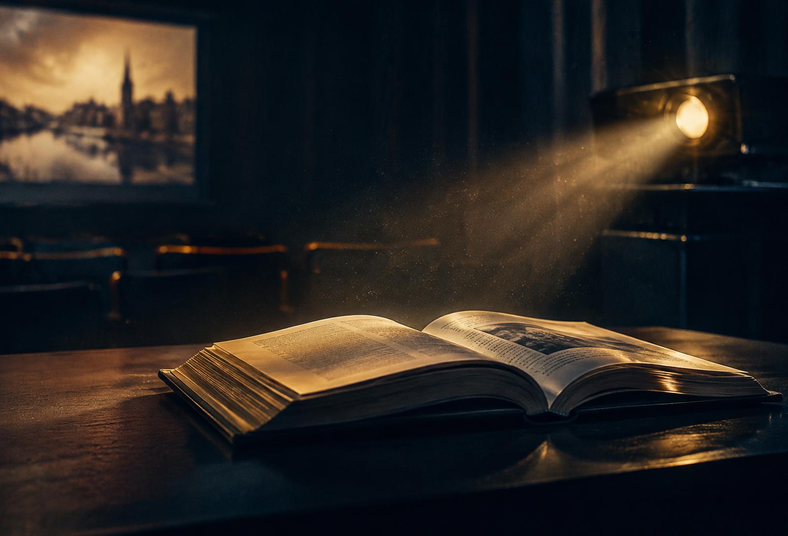 Open book lit by a projector beam in a screening room