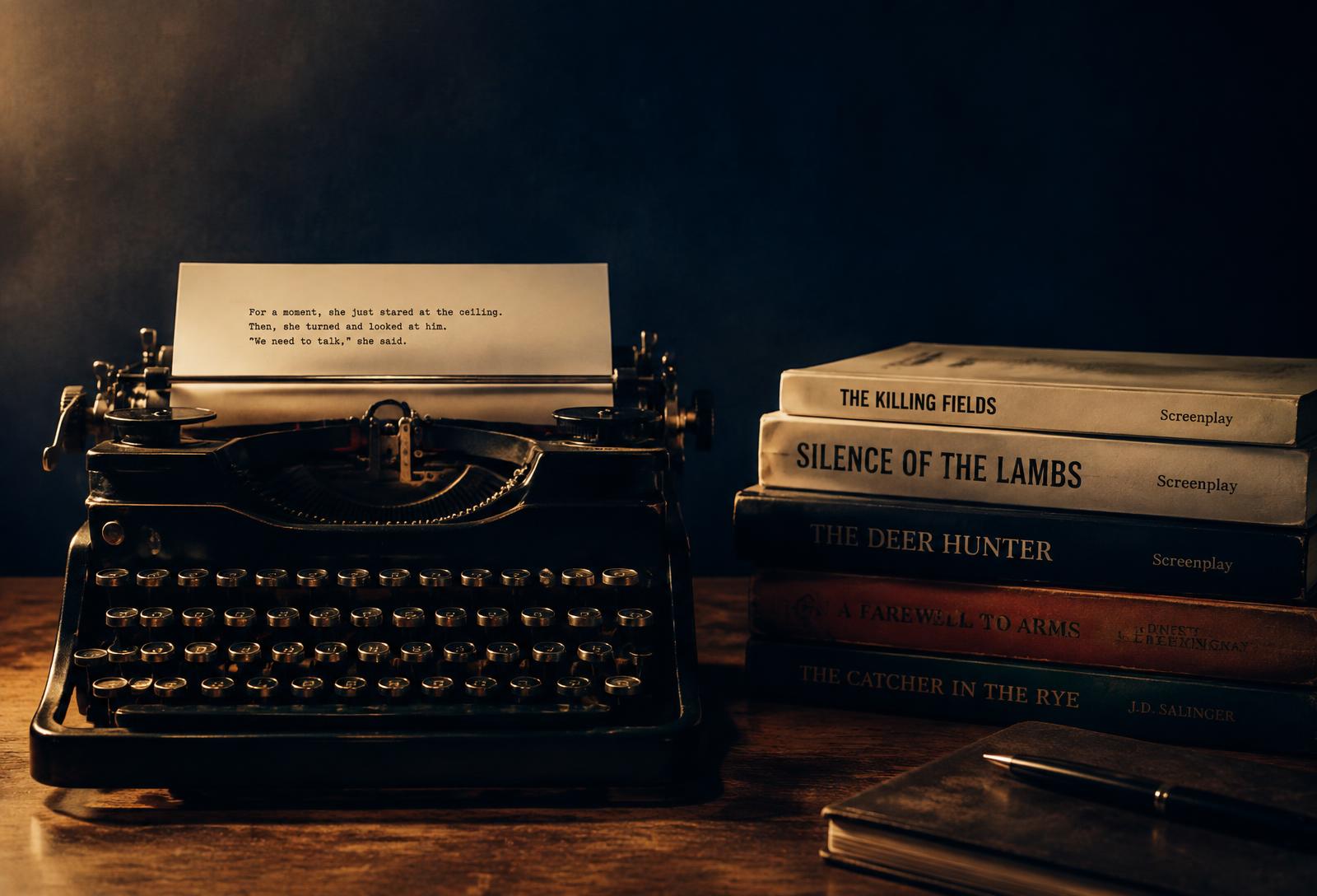 Vintage typewriter beside stacked screenplays